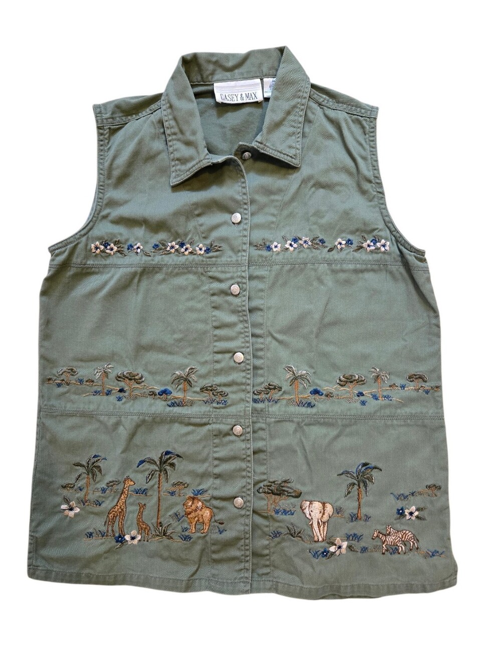 Casey & Max Embroidered Olive Vintage Safari Button Sleeveless Vest Shirt Sm